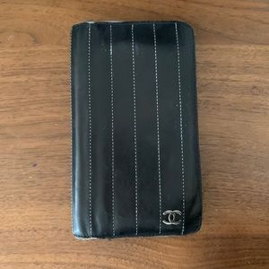 Auth Chanel Long Wallet Black Leather #12259C90